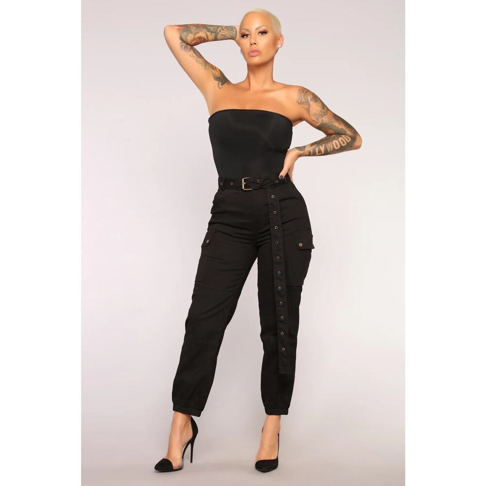 Fashion Nova Black Cargo Chic Pants M | Belted Utility Streetwear Joggers‎